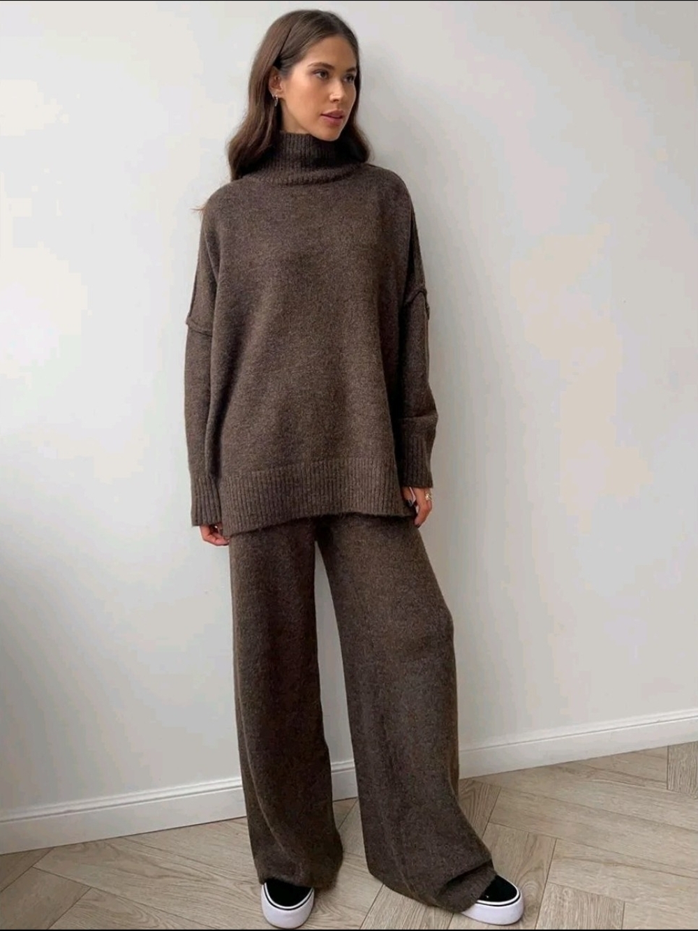 Wide-Leg Knit Pants With Tutleneck Sweater Set - Brown
